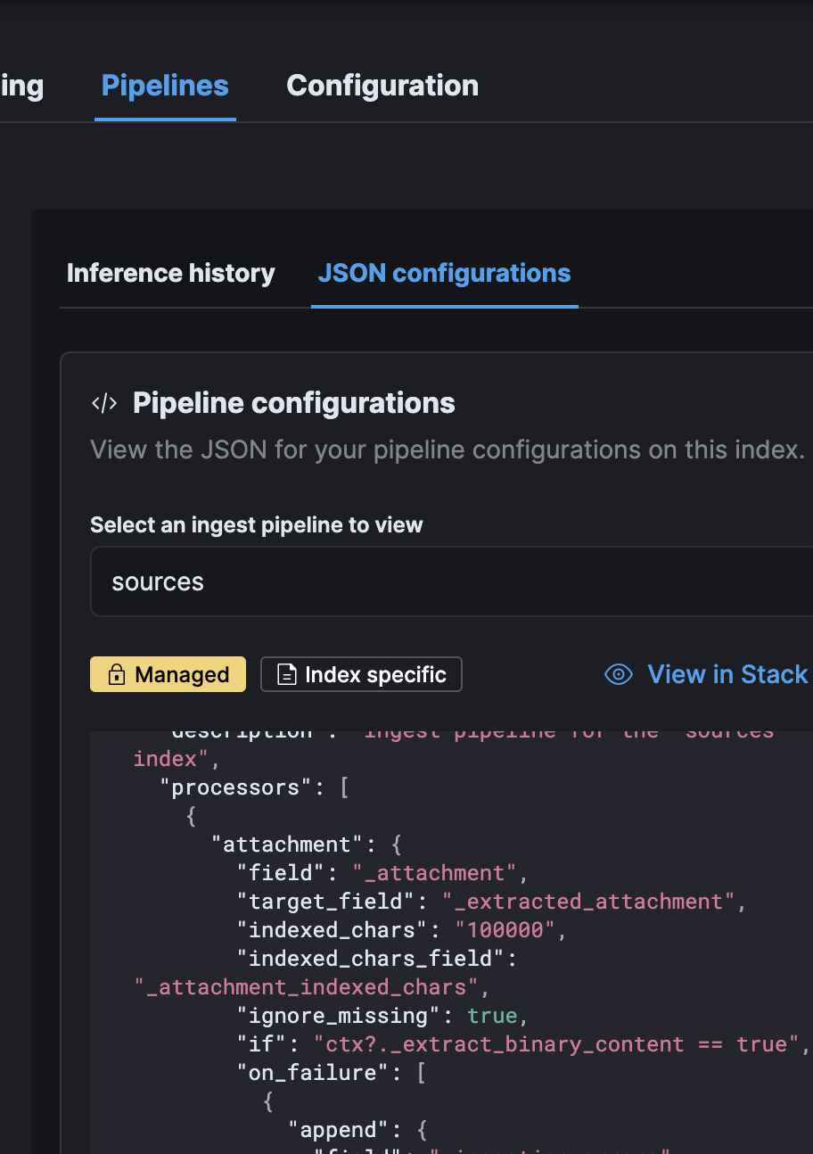 Elasticsearch connector pipeline configuration showing attachment settings