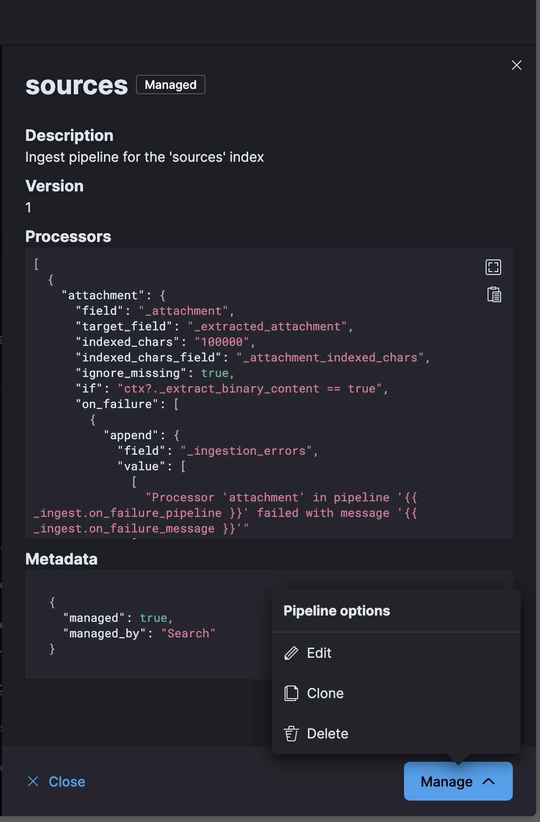 Elasticsearch connector pipeline on Stack Management page