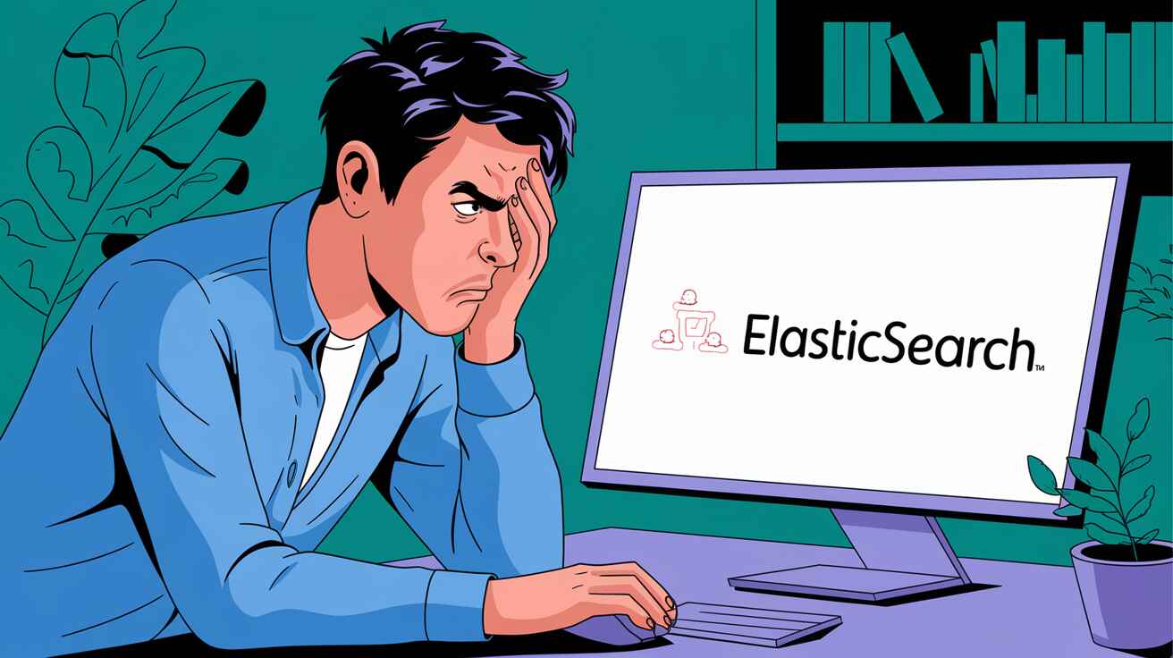 An illustration of a developer with a frustrated and angry expression, looking at a computer screen displaying the Elasticsearch logo. The developer is sitting in a room with a bookshelf and a potted plant.