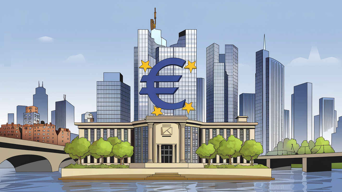 Illustration of Frankfurt with Euro icon and tall banking skyscrapers