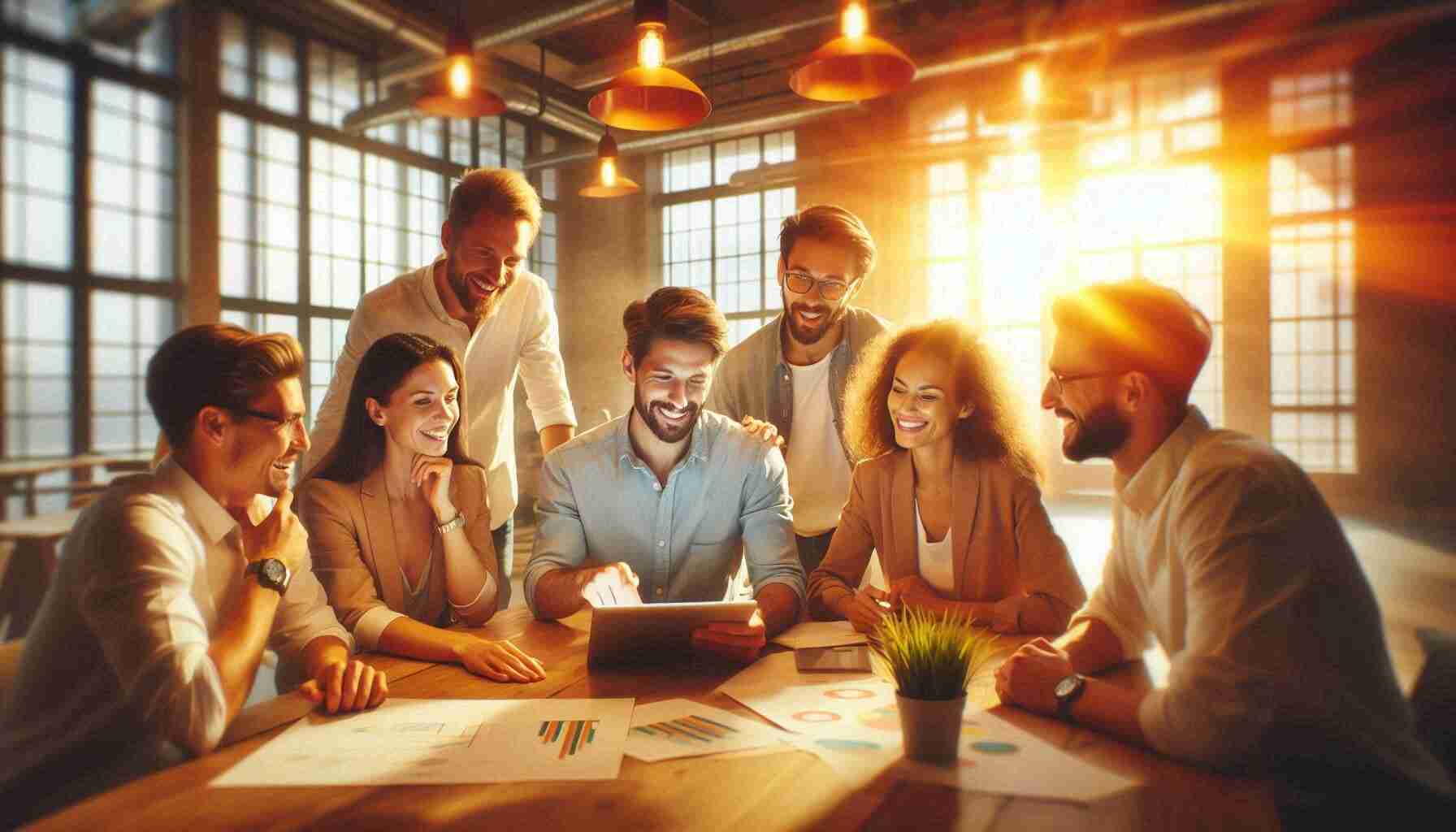 A modern, bright open-plan office with warm lighting, featuring a diverse team collaborating enthusiastically around a shared workspace, with an energetic and positive atmosphere.